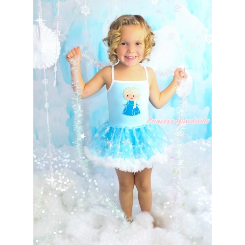 Frozen Princess Elsa Light Blue Sparkle Bling Snowflakes ONE-PIECE Halter Dress With Princess Elsa Print LP72